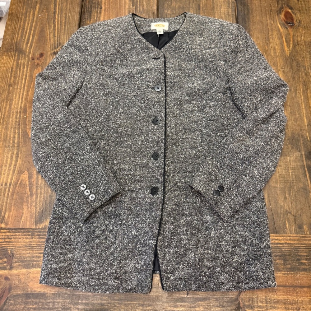 Talbots Womens Gray Wool Tweed Collarless Blazer Jacket Size 12 Made‎ in USA